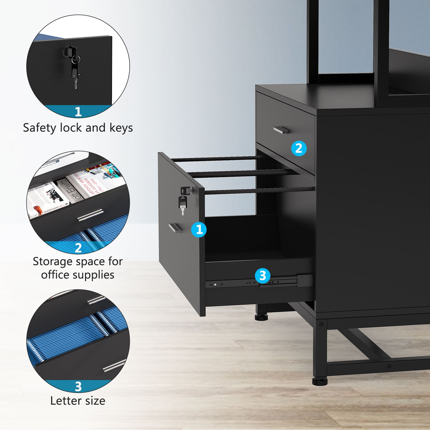 Vertical File Cabinet with 2 Drawers & Bookshelf